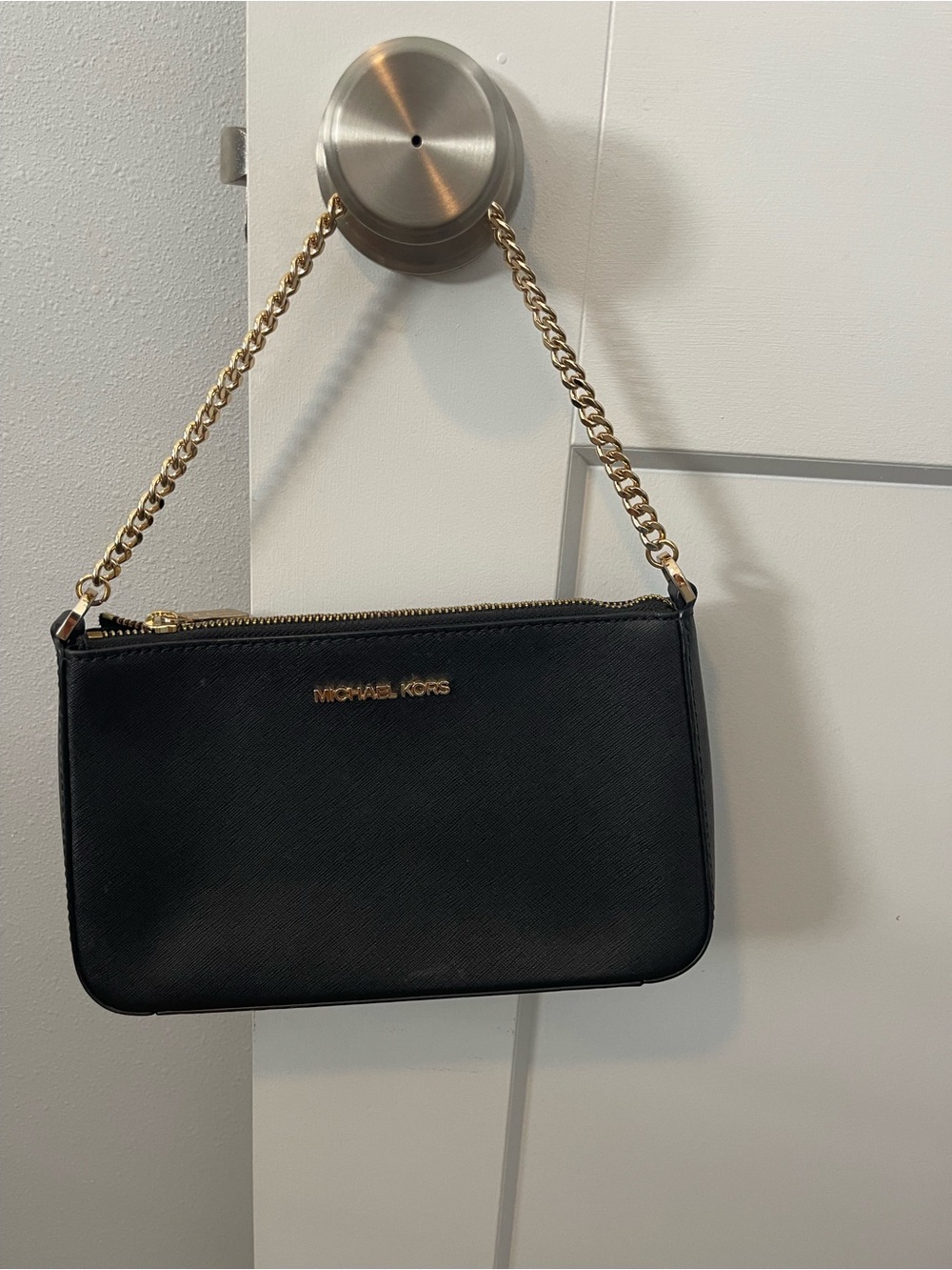 Michael Kors Black Saffiano Leather Chain Shoulder Wristlet with Gold Hardware